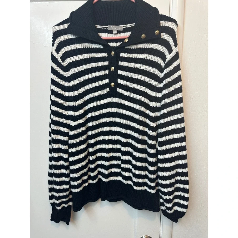 J.Crew Women Black White Striped Cotton Knit Button Collar Sweater 2X Gold Crest